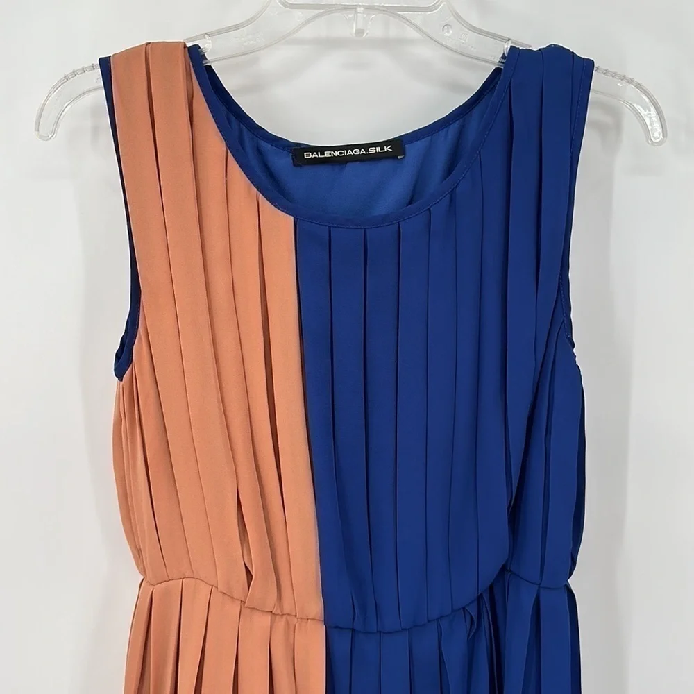 Balenciaga Silk Pink & Blue Color Block Pleated Dress Size FR38 = US 8